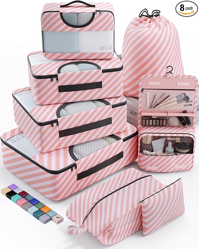Veken 8 Set Packing Cubes for Travel Essentials, Suitcase Organizer Bags in 4 Sizes, Carry-On Luggage Accessories with Large Laundry & Hanging Toiletry Bag, Must-Have for Airplane, Road Trip & Camping
