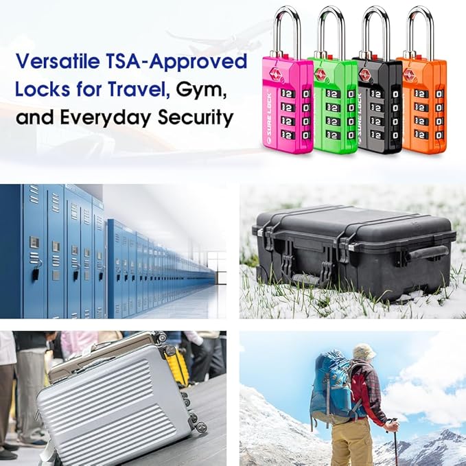 SURE LOCK TSA Approved 4-Digit Resettable Combination Luggage Locks with Open Alert, Easy-Read Dials - for Luggage, School Lockers, Gym, Office, Toolbox & Security Cases(4 Assorted Colors)