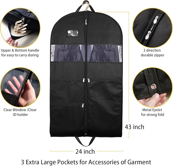 Garment Bags for Travel, 2 Pack 43" Hanging Garment Bags for Men, Double Sides Zipper & 3 Large Mesh Pockets, Garment bag for Traveling Monogrammed Closet Clothes Storage