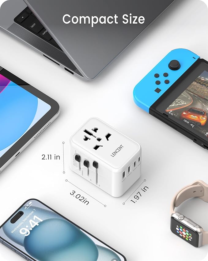LENCENT Universal Travel Adapter, GaN III 65W International Charger with 2 USB Ports & 3 Type-C PD Fast Charging, Worldwide Outlet Adaptor for iPhone,Laptops, Type A/C/G/I (USA/UK/EU/AUS)
