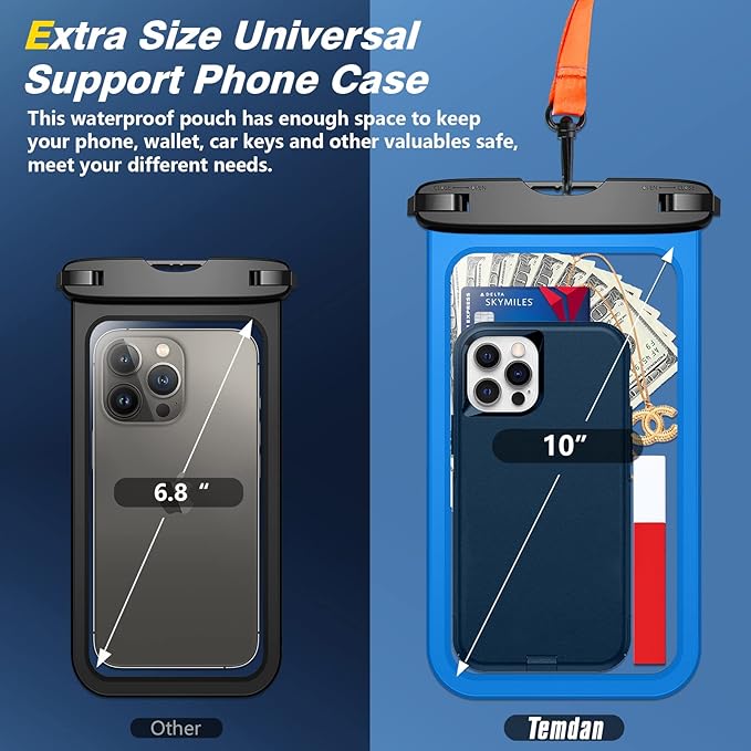 Temdan 2 Pcs Waterproof Phone Pouch, [Up to 10" Large] Universal IPX8 Waterproof Cell Phone Case Dry Bag with Lanyard for iPhone 16 Pro Max/16E/15/14/13,Galaxy S25 Ultra/S24/S23 for Vacation -Blue