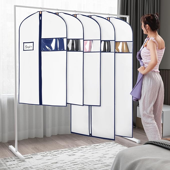 Syeeiex 40" Suit Bag(Set of 8), Garment Bags for Hanging Clothes, Suit Bags for Closet Storage, Garment Bags for Suits, T-shirts, Jackets, Coats, Business Wear(White & Dark Blue)