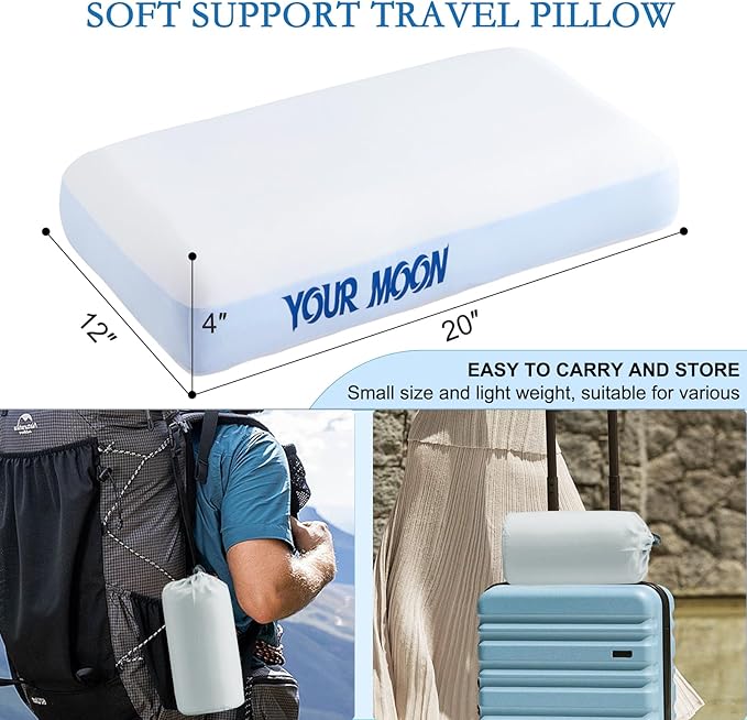 YOUR MOON Memory Foam Travel Pillow, Pure Cotton Cover, Compressible Camping Pillow for Sleeping, Portable Backpacking Support Pillows for Hiking, Car & Airplane (White Blue)