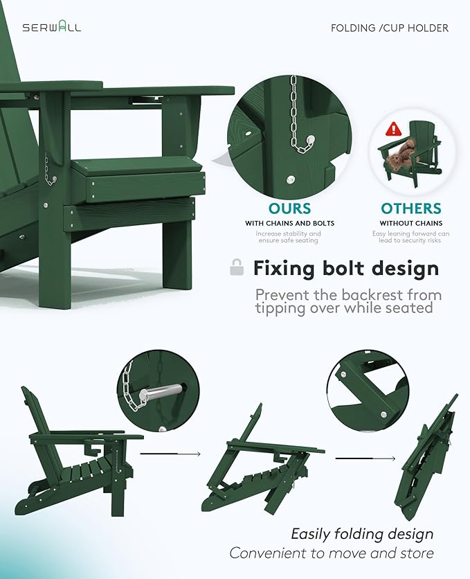 SERWALL Adirondack Chair with Cup Holders - Composite Adirondack Chairs Set of 8 HDPE Outdoor Chairs All Weather Use- Green