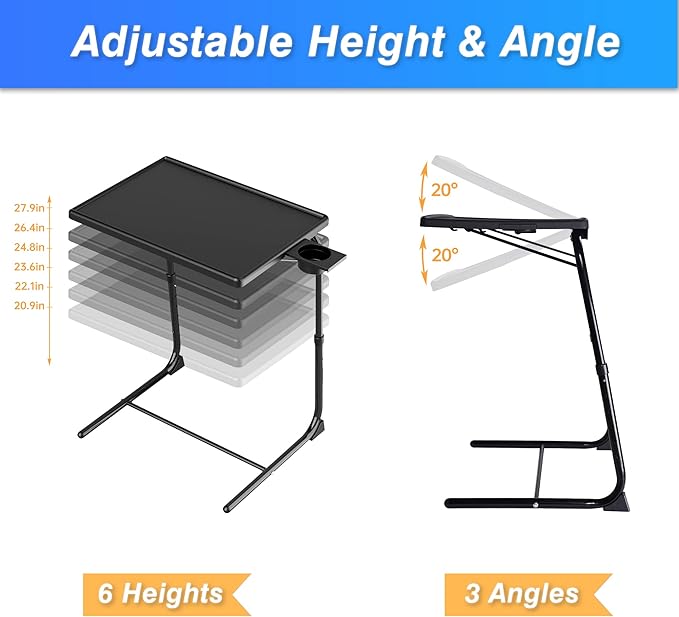Allpop TV Tray Table, TV Dinner Tray for Eating Set of 2, Adjustable Folding Laptop Table with 6 Heights & 3 Tilt Angles, Cup Holder on Couch & Bed, Black