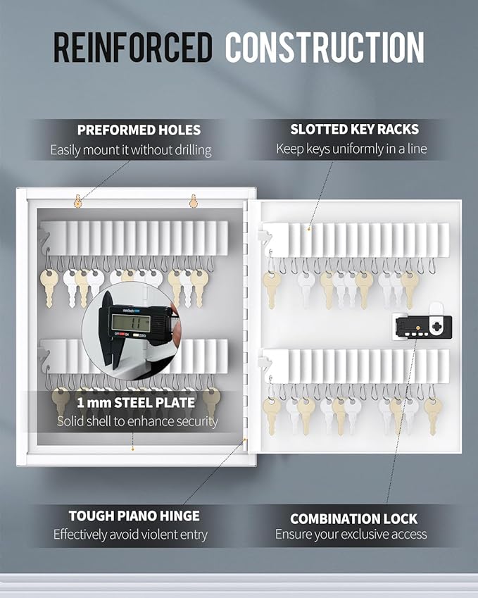 Uniclife 60 Position Slotted Key Cabinet with Combination Lock Resettable White Digital Security Storage Box Steel Key Organizer with Slotted Racks White Key Tag Labels and Permanent Pen