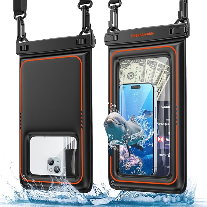 UNBREAKcable [UP to 9.5" Extra Large Waterproof Phone Pouch Floating [Sponge Cushion] IPX8 Phone Case Dry Bag for iPhone 16 15 14 Pro Max Samsung S25, Travel Kayaking Beach Essentials - 2 Pack Black
