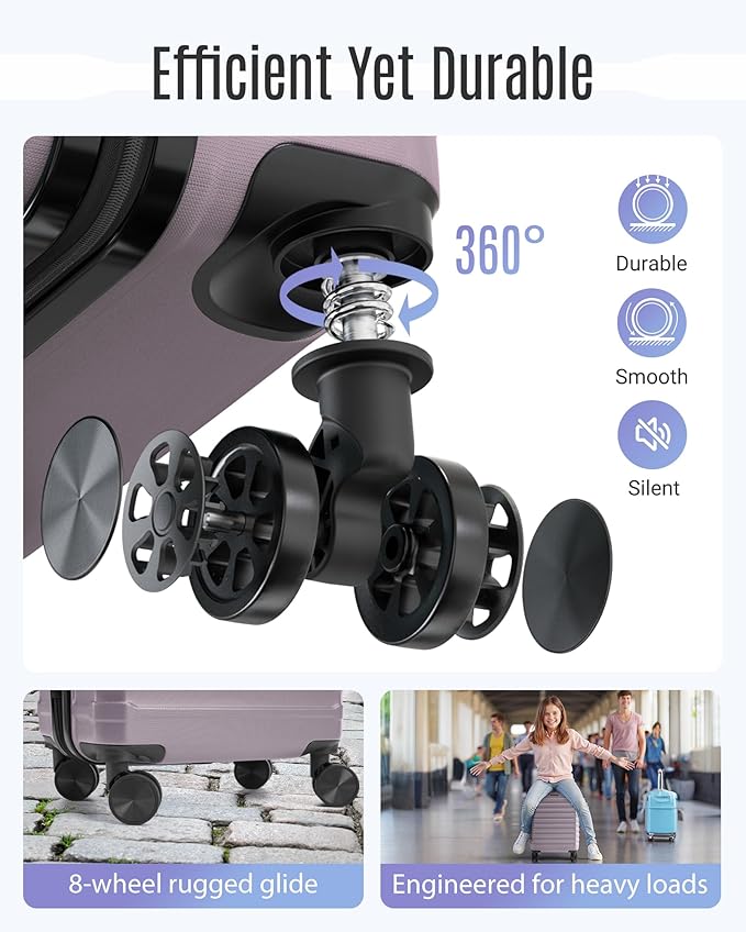 LIGHT FLIGHT Luggage Sets, 3 Piece Durable Suitcase Set with Spinner Wheels, 3 Pcs Hardside Lightweight luggage with TSA Lock, Large Checked Travel Suitcases, 20/24/28 Inch, Rose Purple