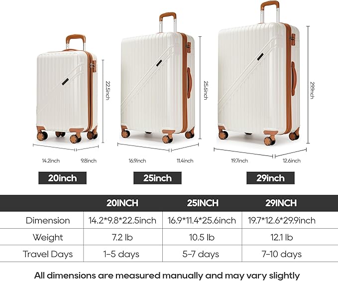 GinzaTravel Luggage Sets 3-Piece Expandable Suitcases with Wheels PC+ABS Durable Hardside Luggage sets TSA lock（White + Brown）