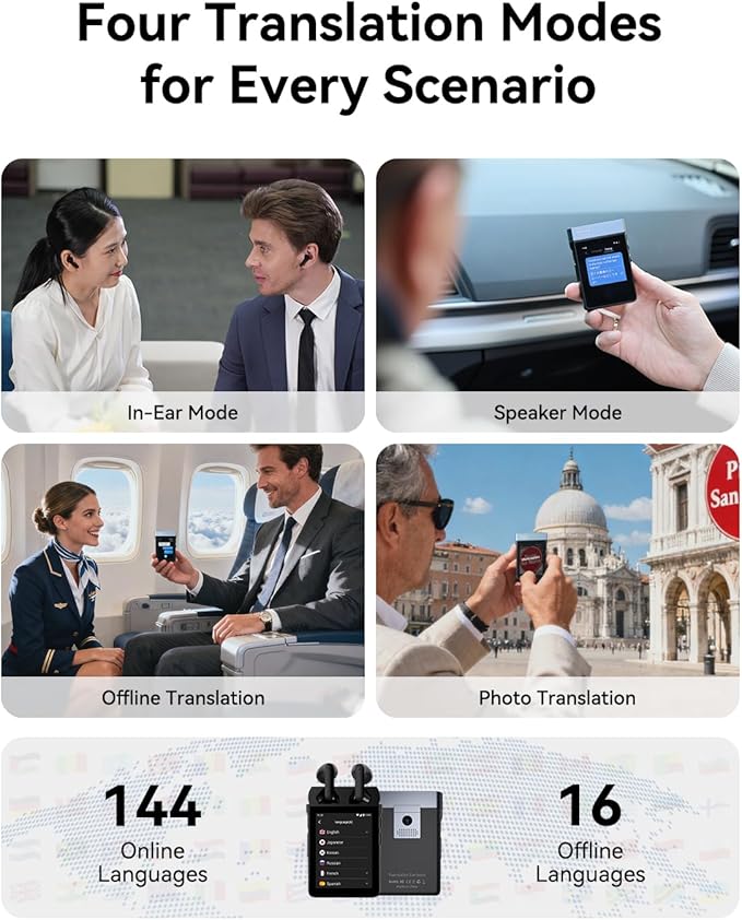 Wooask A9 Translation Earbuds Real Time Support Calls & Hotspot Sharing, AI Translator Device No APP No Phone Needed with 140+ Languages, ChatGPT/Offline/Photo Translation for Business & Travel