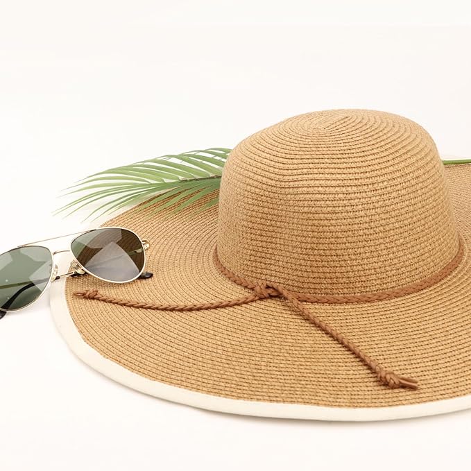 DRESHOW Beach Hats for Women Big Straw Wide Brim Summer Hat Floppy Foldable Roll up Cap Sun Hat UPF 50+