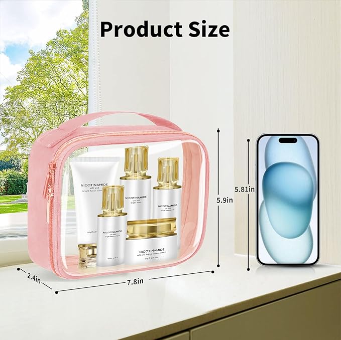 TSA Approved Travel Toiletry Bag,3 Pack Clear Makeup Bags with Handles,Quart Size Clear Cosmetic Bags for Traveling Women,Men,Carry on Airport Airline Compliant Bag,Pink