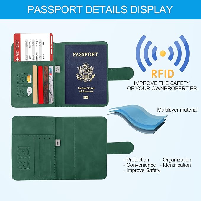 Passport Holders, RFID Blocking Credit Card Holder, PU Leather Passport Holders for Travel with Magnetic Buckle, Travel Must Haves Cruise Ship Essentials for Men, Women (Green)