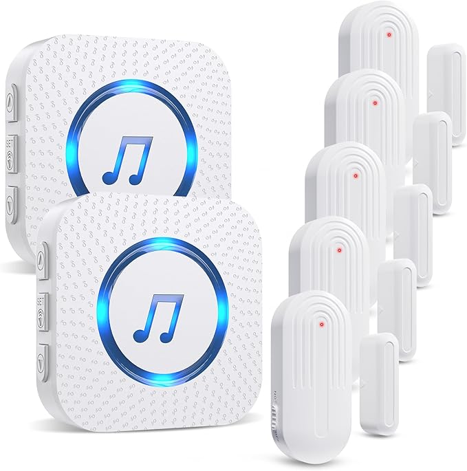 SanJie Door Chimes When Door Opens for Home - Door Alarm with Chime Adjustable Volume,5 Magnetic Door Sensors & 2 Plug-in Receivers - Door Open Chime - Indoor Range 500ft 2 Receivers + 5 Sensors