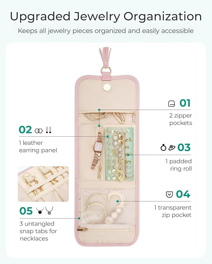 BAGSMART Travel Jewelry Case Organizer, Roll Foldable Jewelry Case for Journey-Rings, Necklaces, Earrings, Bracelets, Brooches, Min, Beige