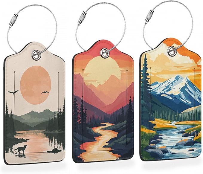 Vintage Mountain Flow 3 Pack Luggage Tags for Suitcases, Sunset Range PU Leather Luggage Tag for Travel, Bag Tags with Privacy Name ID Card and Steel Loop for Women Men