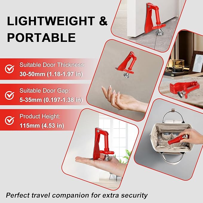 Portable Door Stopper Door Lock for Travel Anti Theft Door Blocker, Security Door Stoppers for Bottom of Door, No Drill Safety Doors Stopper Hotel Door Locks for Travelers Security (Red)