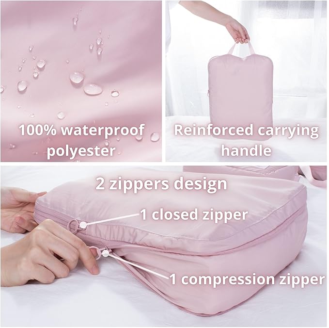 tianzong Compression Packing Cubes for Suitcases, Luggage Organizer Bags Set for Travel (Pink, 2 Pack Large)