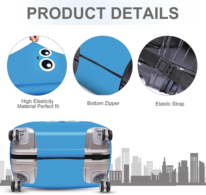 ANNA QUEEN Cute Smiley Face Luggage Cover, Blue Cartoon Suitcase Protector with Big Eyes Design, Stretchable, Washable Travel Cover for 24-26 Inch Luggage