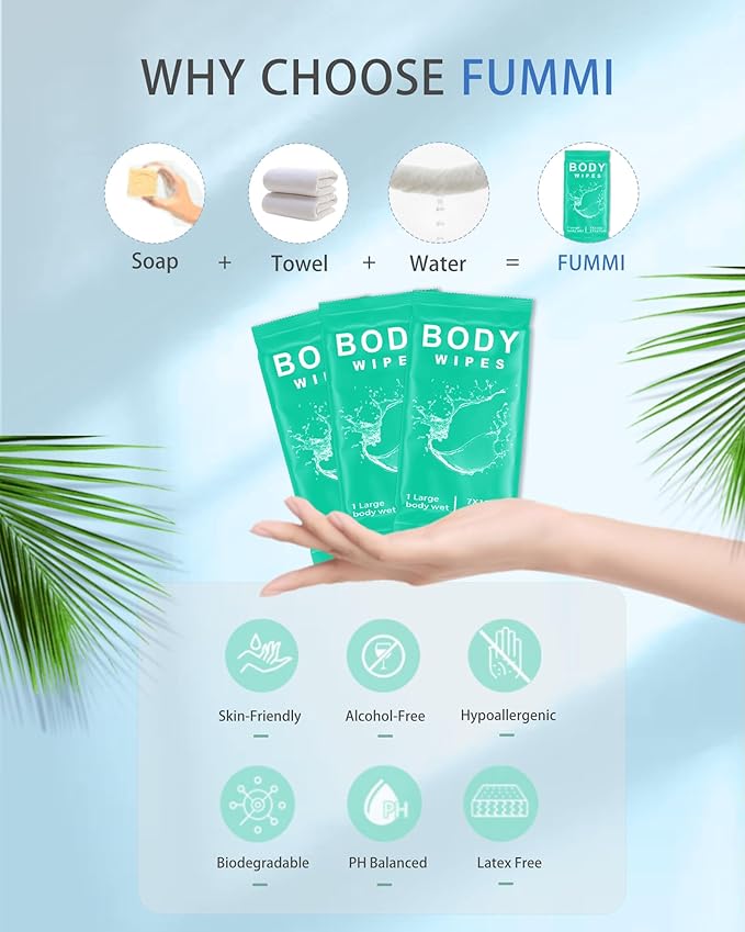 FUMMI 300 Pack Body Wipes – Large Individually Packaged Bath Wipes for Adults, Travel, Gym, Camping, Elderly, Bedridden – No Rinse Bath Wipes, Moisturizing & Refreshing Clean