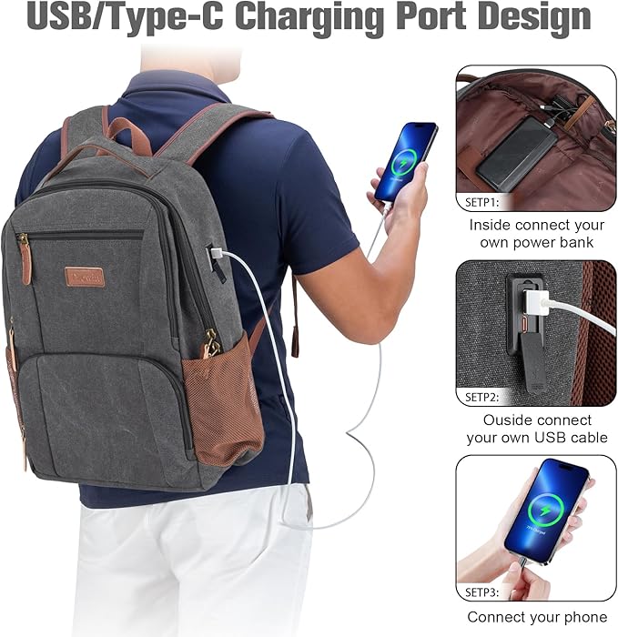 Tzowla Canvas Laptop College Backpack for Men and Women,Travel Work Vintage Rucksack with USB/Type-C Charging Port,Lightweight Hiking Casual Daypack Backpacks fit 15.6 inch Notebook,Black