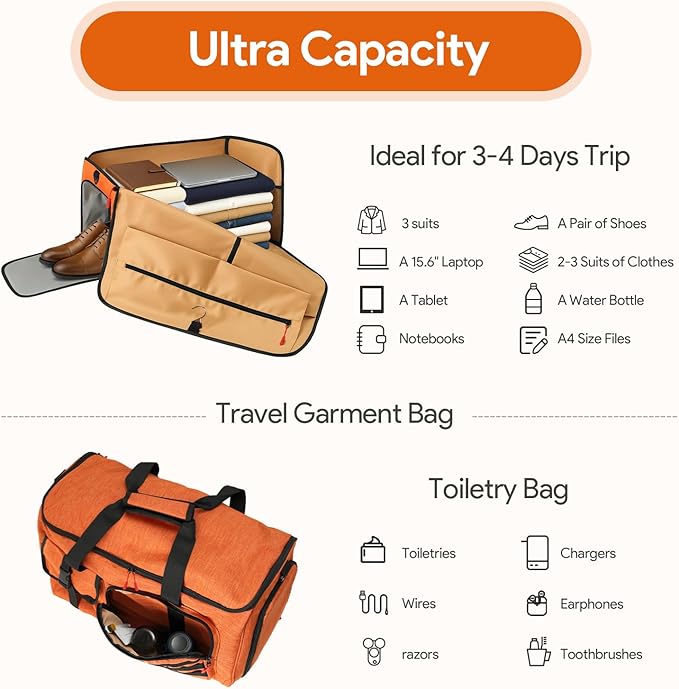 Garment Duffle Bags for Travel, HOMQUIET Convertible Garment Duffel Bag, All YKK Zippers Carry On Garment Bags, 2 in 1 Hanging Waterproof Suit Travel Bag with Shoe Compartment, for Men Women, Brown