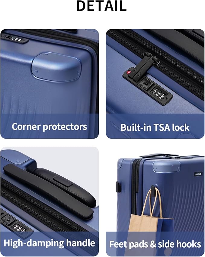 ECOHUB Hardside Expandable Carry On Luggage Sets, Recycled PC 20/24" Rolling Luggage Airline Approved with Spinner Wheels & TSA Lock, Lightweight Hardshell Travel Suitcase, 20+24 inch Carry-on Blue