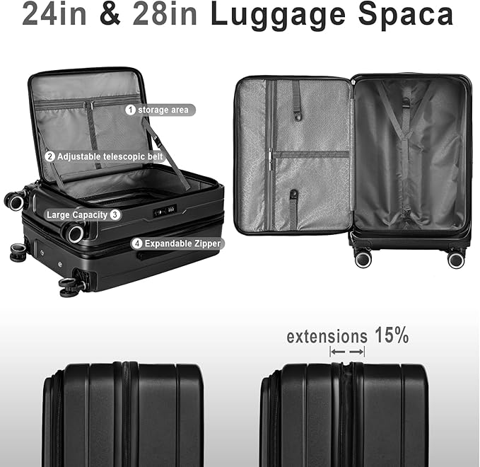 Luggage Sets 3 Piece, ABS Lightweight 20in/24in/28in Luggage, Expandable Carry On Suitcase Set with TSA Lock & Double Wheels, Front Open Hardshell Luggage Sets (Black)