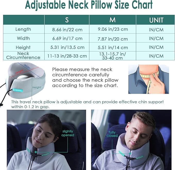 Travel Pillow for Airplane Neck Chin Support Memory Foam Machine Washable Adults Unisex Neck Pillows for Travel Airplane Sleeping Car Office Grey Small