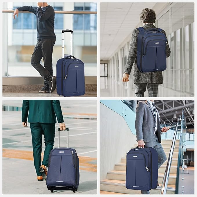 Rolling Backpack for Adults,17 Inch Waterproof Carry-on Backpack with Wheels, Wheeled Backpack Carry-on Luggage, Travel Backpack for Men Women， Trolley Laptop Backpack， Navy Blue Medium