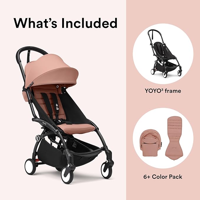 Stokke YOYO3 Stroller from 6 Months - Includes Black Frame/Ginger Seat Cushion + Canopy - Folds in & Out in a Flash - Light & Compact - Carry-On Compatible