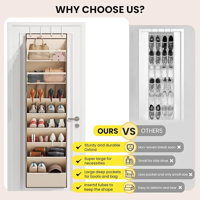 Over the Door Shoe Organizer for Closet, Shoes Rack with 8 Tier Large Deep Pockets, Hanging Shoe Organizers for Boot Storage, Behind the Door Narrow Shoe Holder for Small Shoes, Beige