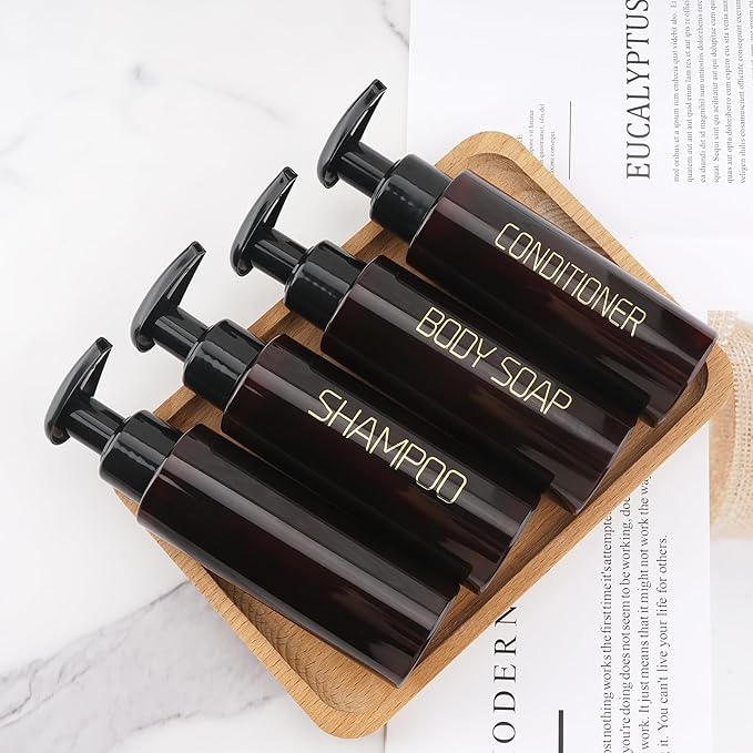Travel Bottles Plastic Pump Bottle Dispenser TSA Approved 3.4oz/100ml 4 Pack Travel Refillable Shampoo and Conditioner Bottles Empty Travel Size Bottles for Cosmetic, Lotion, Liquid Soap (Brown)