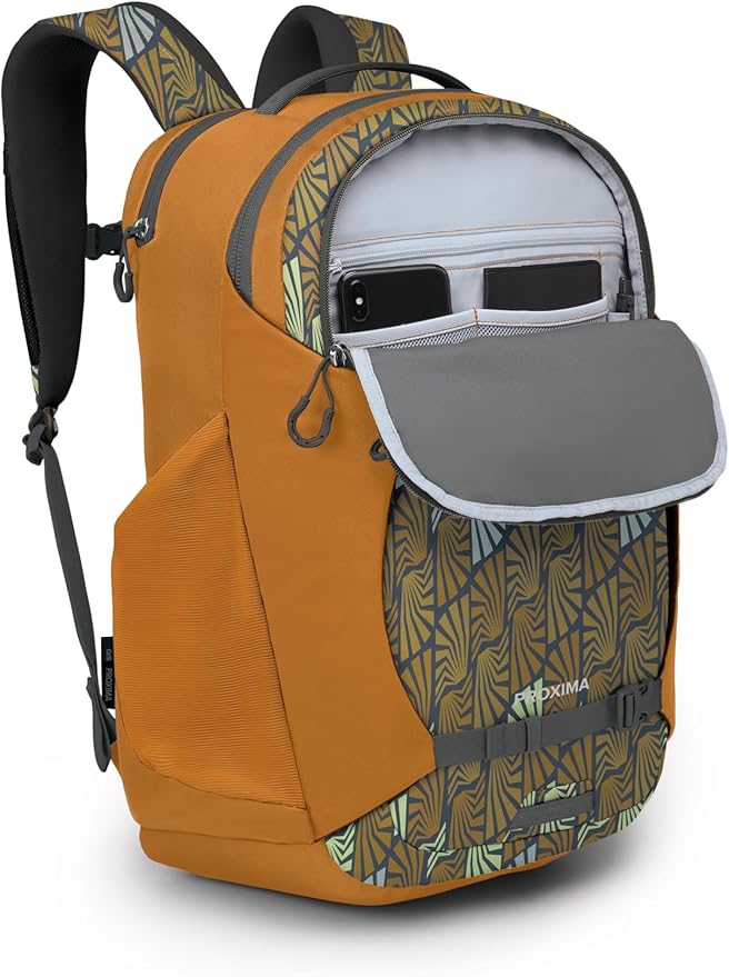 Osprey Proxima 30L Campus Laptop Backpack - Organized Everyday Pack with Tech Storage, Water Bottle Pockets, and Comfortable Carry - Perfect for School, Commute, and Travel, Kazuma Print/Toffee Orange