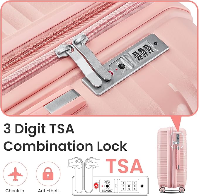 Campfun Luggage 4 Piece Sets, Expandable Carry On Luggage Set Hardshell PP, Suitcase Set with Double Spinner Wheels, Checked Durable Lightweight with TSA Lock, 14in 20in 24in 28in-Pink(C)
