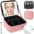Travel Makeup Bag for Makeup Artists Large Makeup Case,with Mirror 3 Color Setting and Detachable 10x Magnifying Mirror Travel Makeup Bag,Portable Storage and Adjustable Dividers（pink）