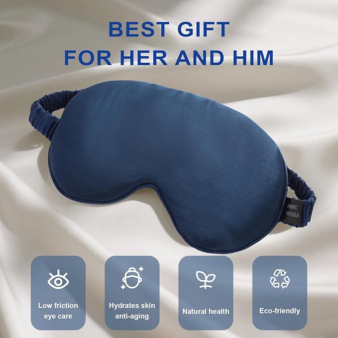 100% Mulberry Silk Sleep Mask, Ultra-Soft Light Blocking Eye Cover for Travel & Rest(NavyBlue)