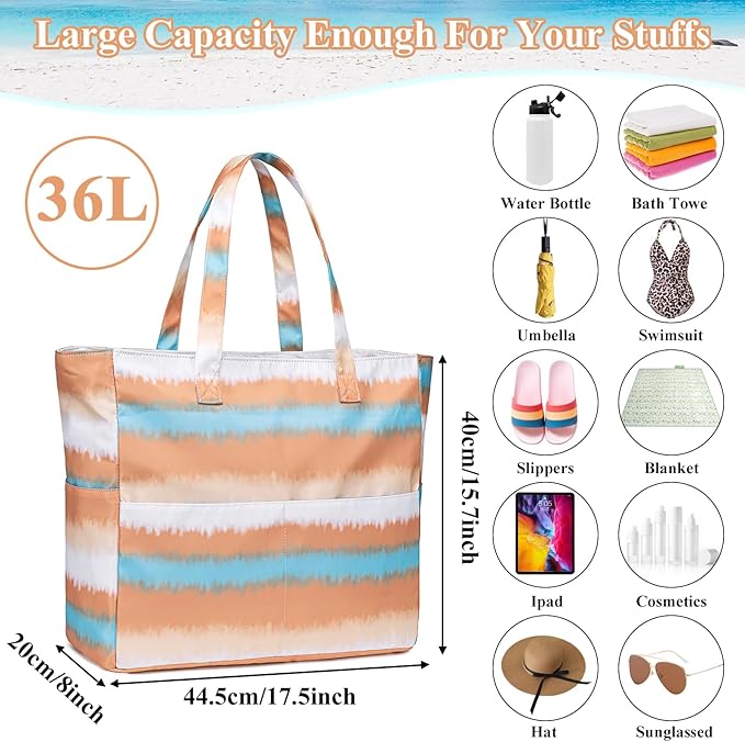 LEDAOU Beach Bag Waterproof Sandproof Women Tote Bag Pool Bag with Zipper for Gym Grocery Travel with Wet Pocket