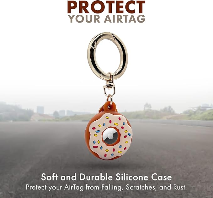 Apple AirTag 4 Pack Shockproof, Dustproof & Washable Cases, Silicon Holders with Accessories for Wallets, Luggage, Pet Collars, Key Finders (Donut (White & Brown))