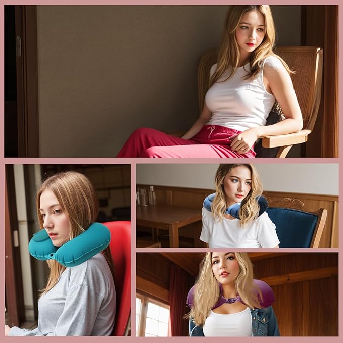 Inflatable Travel Pillow for Sleeping Airplane - Inflatable Neck Pillow for Traveling on Plane, Press to Inflate,Portable Travel Neck Pillow with Carry Bag （Pink）