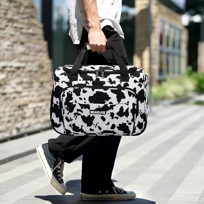 Underseat Carry On Luggage Lightweight Travel Tote Weekender Bag Overnight Duffle Bag for Travel, Travel Essentials Personal Item Travel Bag for Women and Men, Cow Pattern-16Inch