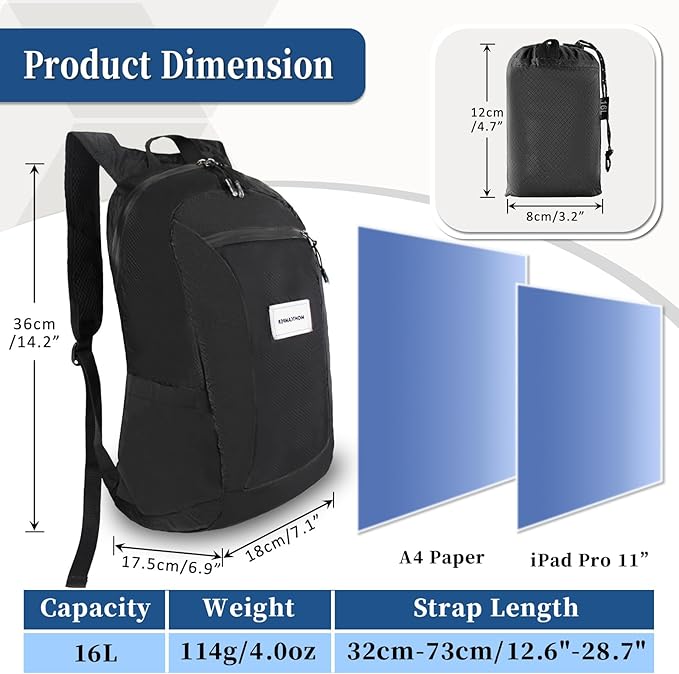 Hiking Daypack - Lightweight & Water-Resistant Portable Backpack for Travel, Camping, Outdoor Adventures(16L, black)