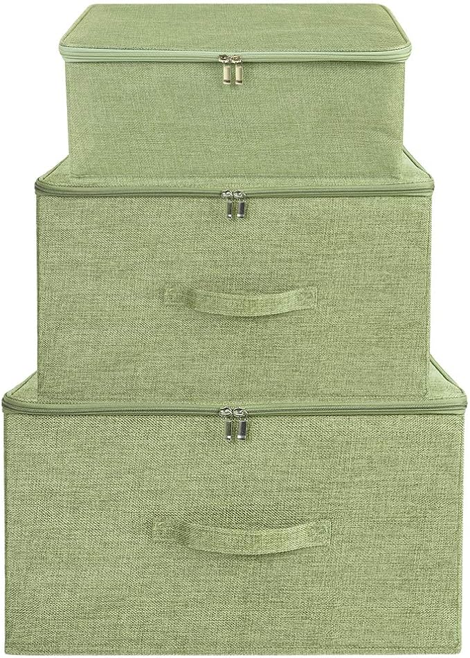 ANMINY 2PCS Storage Bins with Zipper Lids 51.9 Qt Lidded Fabric Storage Boxes Baskets Cubes with Handles Collapsible Washable Cotton Linen Closet Shelf Clothes Organizer - Green, Extra Large