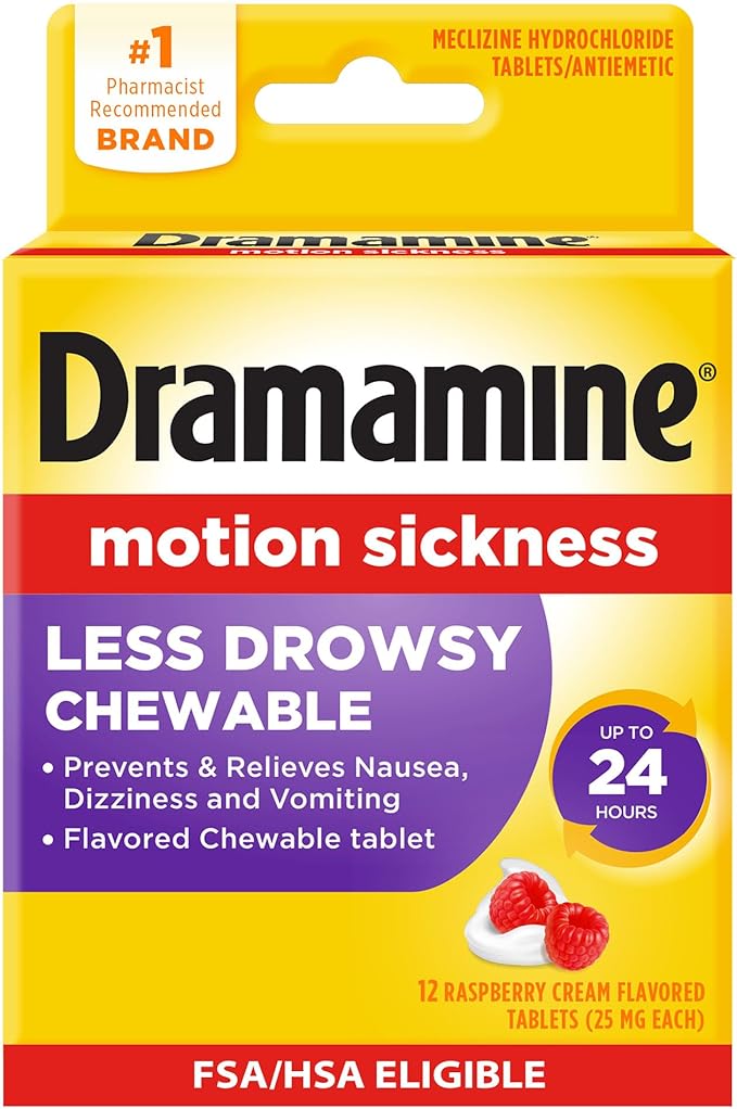 Dramamine Motion Sickness Less Drowsy, Chewables for Nausea Relief During Travel, Raspberry Cream Flavor, 12 Count
