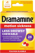 Dramamine Motion Sickness Less Drowsy, Chewables for Nausea Relief During Travel, Raspberry Cream Flavor, 12 Count