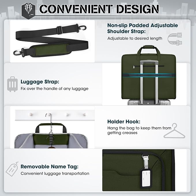 RAINSMORE Garment Bags for Travel Carry On Garment Bag for Hanging Clothes, Suit Bag for Business Trips with Shoes bag & Shoulder Strap, Waterproof Foldable Suit Luggage Bag for Men Women, Green