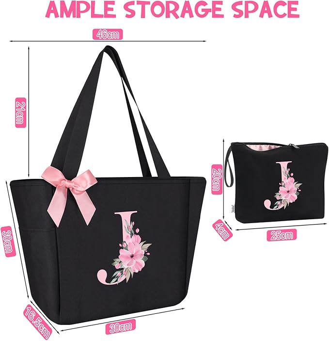 Vavabox Tote Bag, A-Z Initial Monogrammed Waterproof Tote Bag, Bridesmaid Gifts for Women, Black and Pink