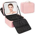 Relavel Makeup Bag with LED Mirror, Small Travel Makeup Case with Rechargeable Lighted Mirror 3 Color Lights, Double Layer Cosmetic Box Makeup Brush Lipstick Holder Organizer for Women, Pink