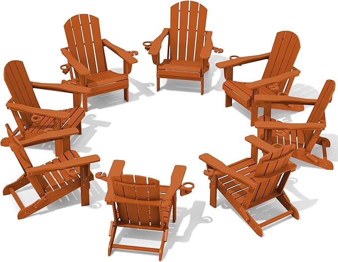 SERWALL Adirondack Chair with Cup Holders - Composite Adirondack Chairs Set of 8 HDPE Outdoor Chairs All Weather Use- Orange
