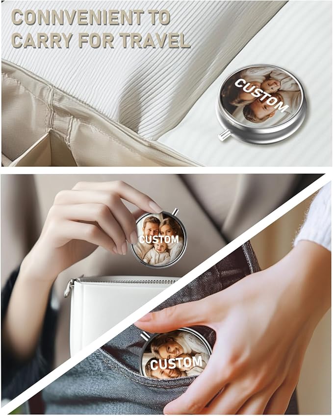 Pill Box, 3 Compartment Portable Travel Medicine Box with Mirror, Compact and Cute, Fits in Purse and Pocket, Medicine and Vitamin Organizer (Custom)